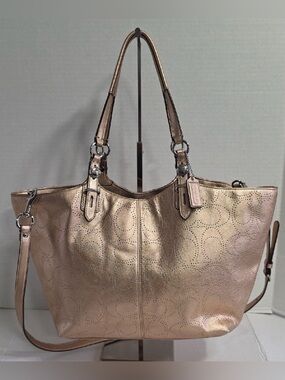 EUC Coach Metallic Rose Gold Perforated Signature Leather Tote